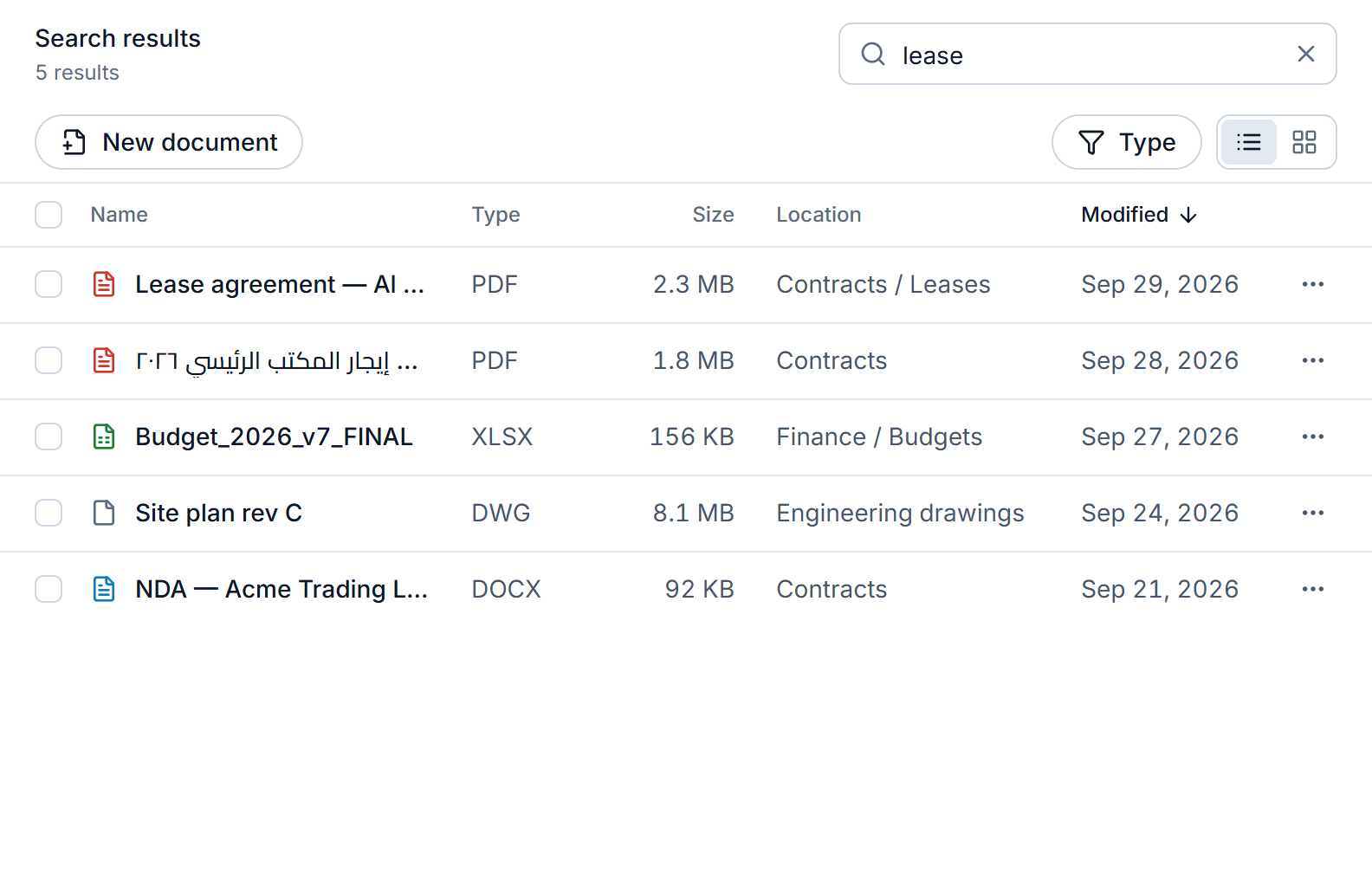 Search results for “lease”: five documents from different folders, each with its type, size, folder and date.
