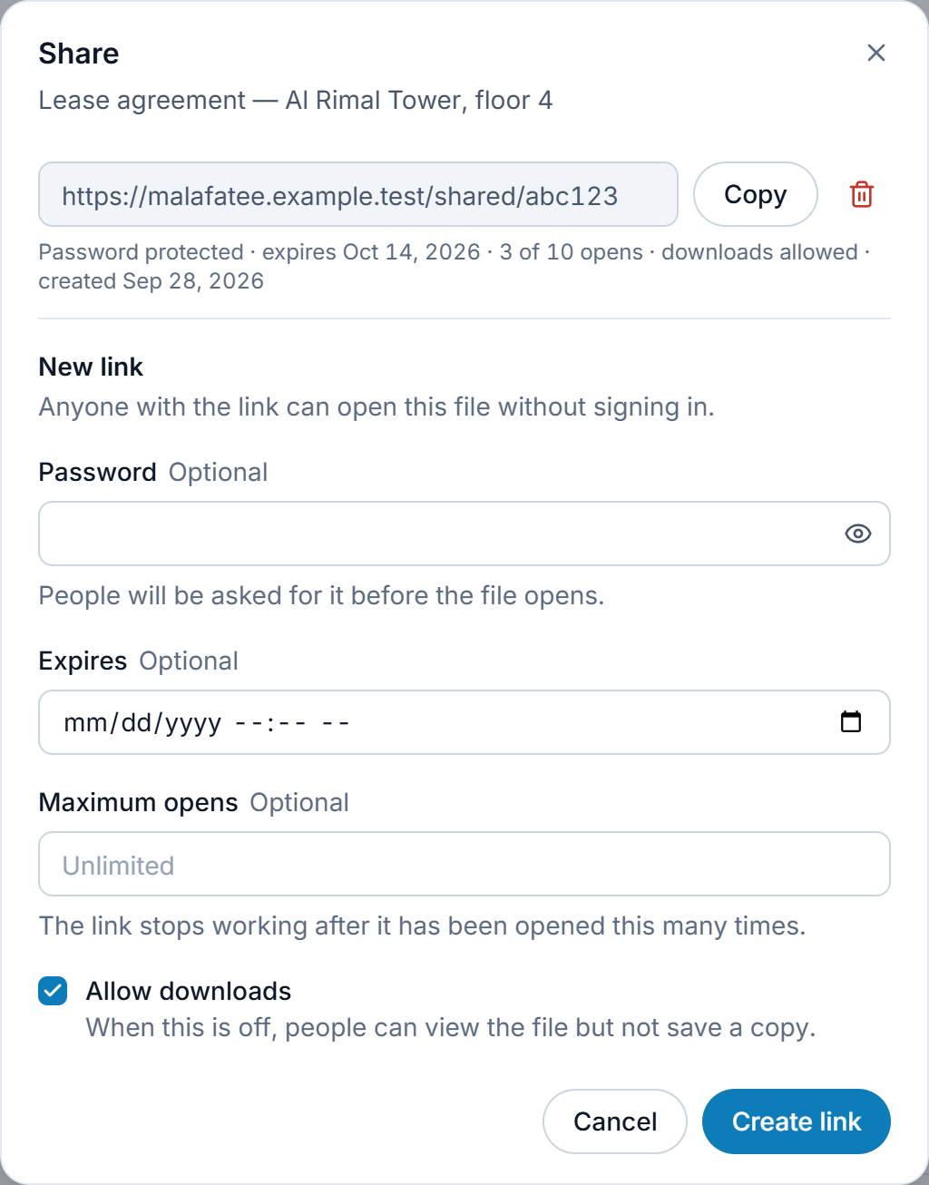 The share dialog: an existing link with its password, expiry and open count, and the options for a new one.